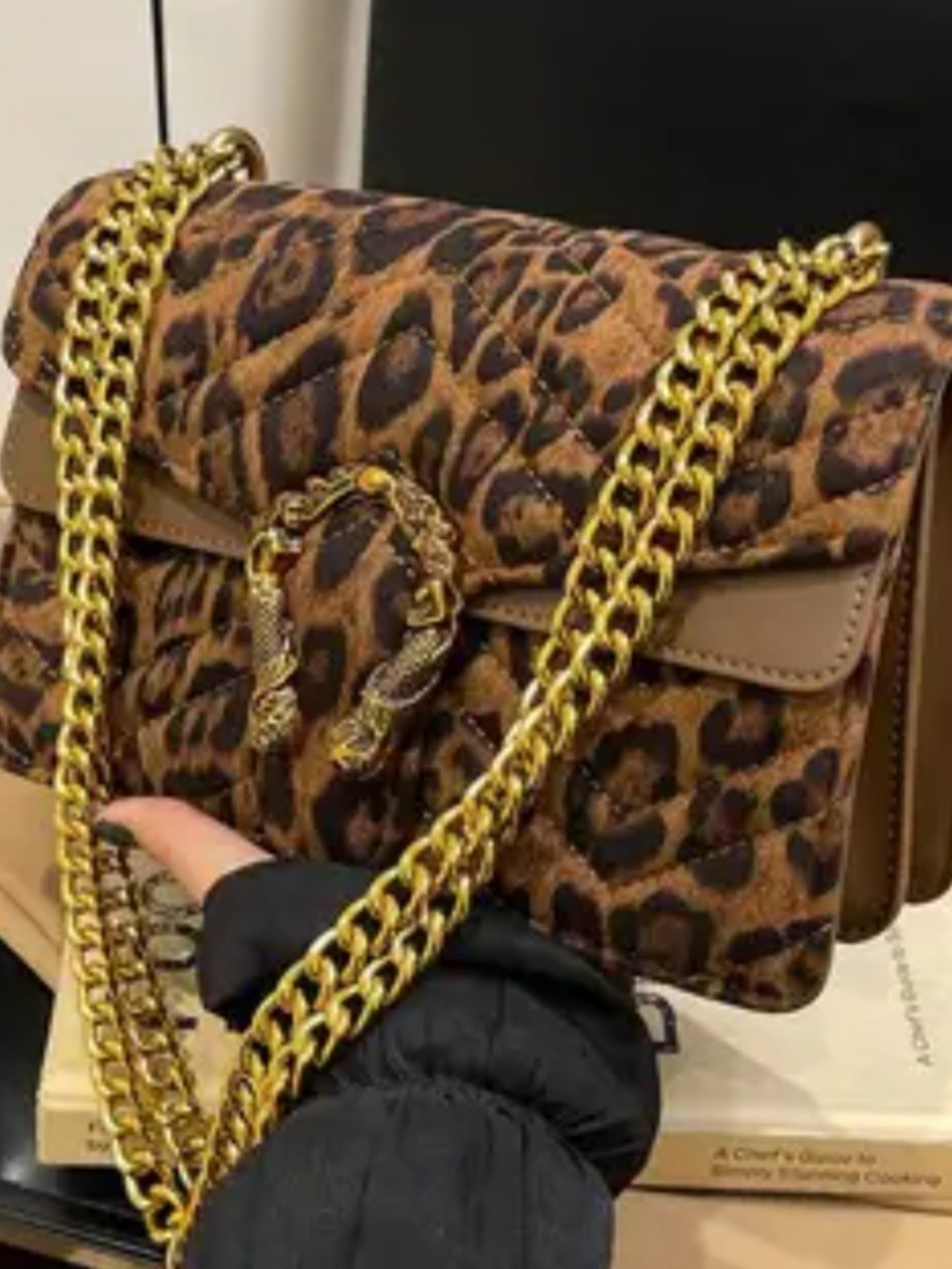 Leopard Print Shoulder Bag with Gold Chain